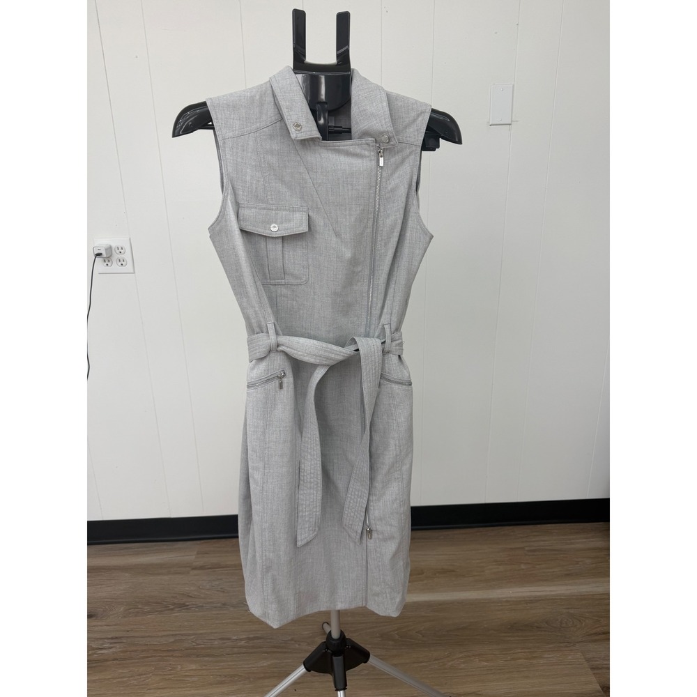 Calvin Klein Moto Sheath Dress Women 8 Gray Excellent Sleeveless Belted Zip